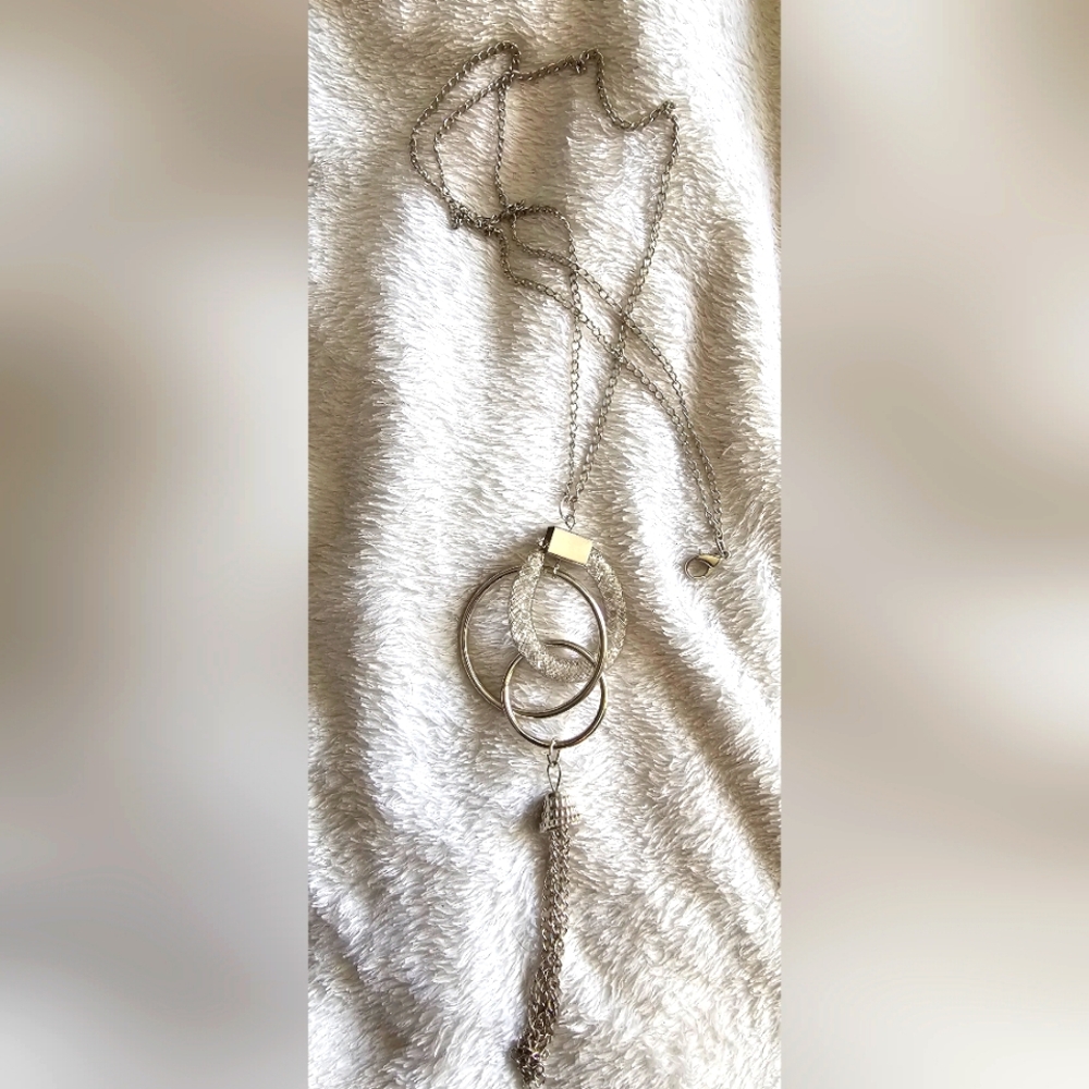 Metallic Multi-Ring Pendant Tassel Necklace - 32 inch necklace